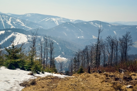 Beautiful spring mountain landscape. Mountain peaks with snow in Poland.の写真素材