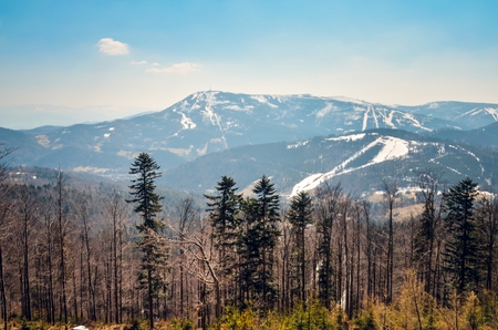 Beautiful spring mountain landscape. Mountain peaks with snow in Poland.の写真素材