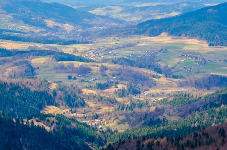 Beautiful spring mountain landscape. Fabulous view of the hills and valleys in Poland.の写真素材