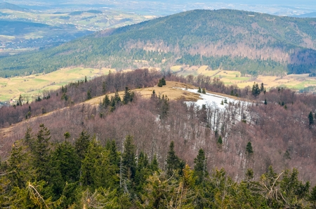 Beautiful spring mountain landscape. Fabulous view of the hills and valleys in Poland.の写真素材