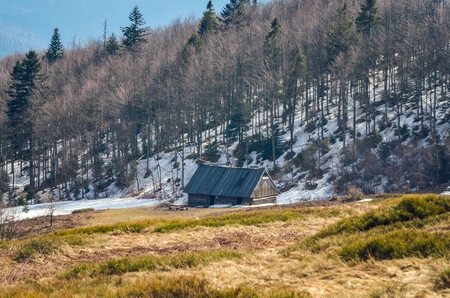 Fabulous spring mountain landscape. Wooden cabin on a clearing on a hill.の写真素材