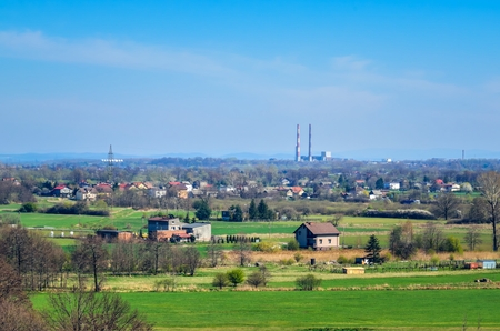 Spring urban landscape. Houses in the countryside in Poland.の写真素材