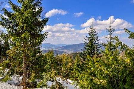 Beautiful spring mountain landscape. Fabulous view of the hills in Poland.の写真素材