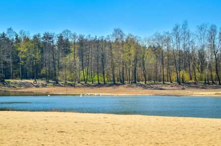 Beautiful spring landscape. Empty beach by the lake on a sunny day.の写真素材