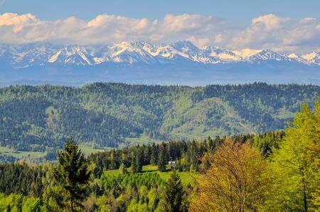 Charming spring mountain landscape. Beautifully snow-covered high peaks over hills.の写真素材