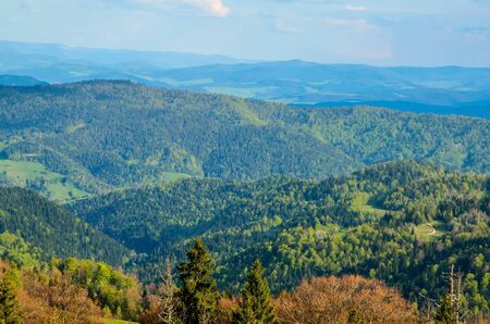 Beautiful spring mountain landscape. Colorful day on the beautiful hills.の写真素材