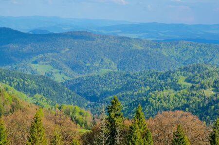 Beautiful spring mountain landscape. Colorful day on the beautiful hills.の写真素材