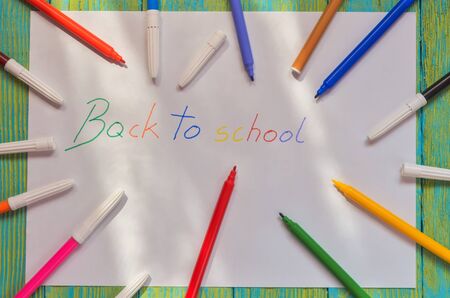 The motive for returning children to school. Felt-tip pens with the words back to school.の写真素材