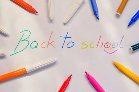 The motive for returning children to school. Felt-tip pens with the words back to school.の写真素材