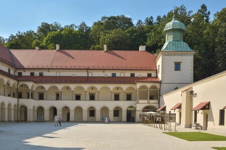 SUCHA BESKIDZKA, POLAND - SEPTEMBER 1, 2019: Historic renaissance castle in Sucha Beskidzka, Poland.のeditorial素材