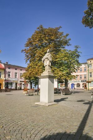 Lubliniec, Poland - September 15, 2019: Monument Saint John Nepomucene on the market square in Lubliniec, Poland.のeditorial素材