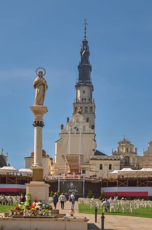 Czestochowa, Poland - September 15, 2019: Monastery tower and sculpture of the Virgin Mary at Jasna G?ra in Czestochowa, Poland.のeditorial素材