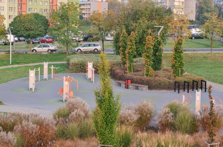 Sporty urban landscape. Outdoor gym in the city.の写真素材