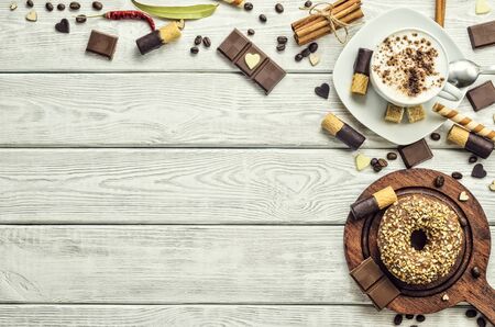 Interesting concept for serving black coffee in vintage style. Background with coffee and sweet...