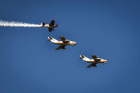 Gdynia, Poland - August 22, 2021: Flight of MIG-15 and XtremeAir XA-41 planes at the Aero Baltic show in Gdynia, Poland.のeditorial素材