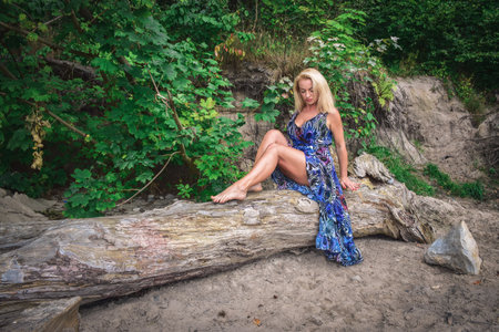Female session in the wild seaside scenery. Beautiful woman sitting on a tree trunk by the Polish sea.の写真素材