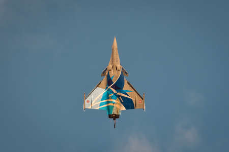 Gdynia, Poland - August 21, 2021: Flight of the French Air Force Dassault Rafale fighter plane at the Aero Baltic show in Gdynia, Poland.のeditorial素材