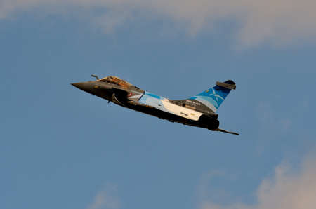 Gdynia, Poland - August 21, 2021: Flight of the French Air Force Dassault Rafale fighter plane at the Aero Baltic show in Gdynia, Poland.のeditorial素材