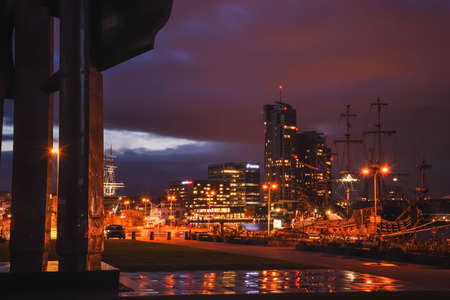 Gdynia, Poland - October 7, 2019: Colorful night shot of the seaside city of Gdynia, Poland.の写真素材