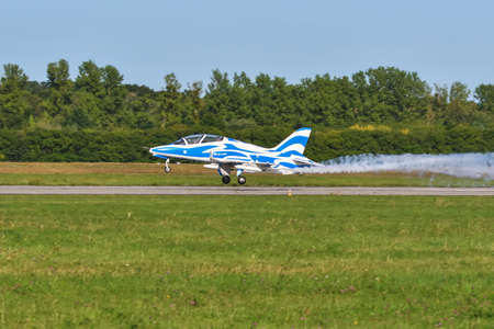 Gdynia, Poland - August 21, 2021: BAE Hawk flight at the Aero Baltic show in Gdynia, Poland.のeditorial素材