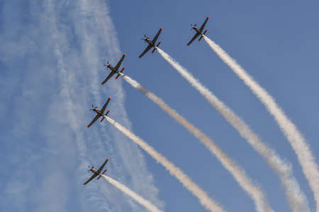 Gdynia, Poland - August 21, 2021: Flight of planes of the Polish air force Orlik aerobatic team at the Aero Baltic show in Gdynia, Poland.のeditorial素材