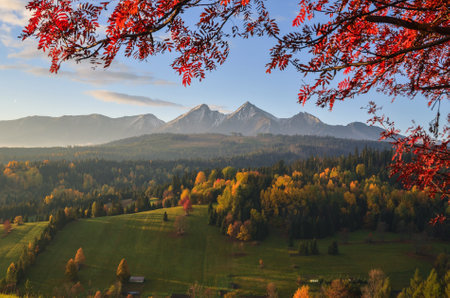 Beautiful rural mountain view. Autumn landscape with colorful trees and hills in the background. Photo taken in Osturnia village, Slovakia.の写真素材