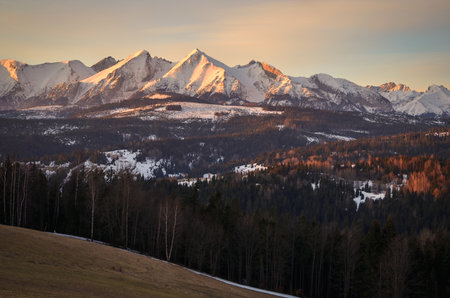 Beautiful morning mountain landscape. View of the Tatra Mountains from the Polish village of Lapszanka.の写真素材