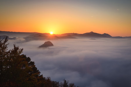 Beautiful morning mountain landscape. Sunrise at the top of Sokolica in Pieniny, Poland.の写真素材