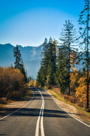 Beautiful mountain landscape in the morning. The most beautiful road in Poland with a view of the Tatra Mountains.の写真素材