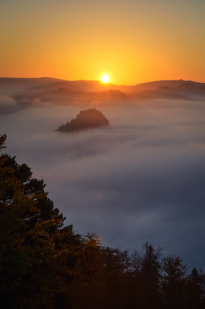 Beautiful morning mountain landscape. Sunrise at the top of Sokolica in Pieniny, Poland.の写真素材
