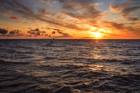 Beautiful summer seaside landscape. Sunrise over the sea in Gdynia, Poland.の写真素材