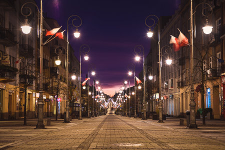 Kielce, Poland - November 12, 2019: The representative street of Kielce called Henryk Sienkiewicz on Independence Day.のeditorial素材