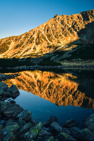 Beautiful summer mountain landscape. Mountain slopes reflecting in the lake. Photo taken in the Valley of Five Ponds in the Polish Tatra Mountains.の写真素材