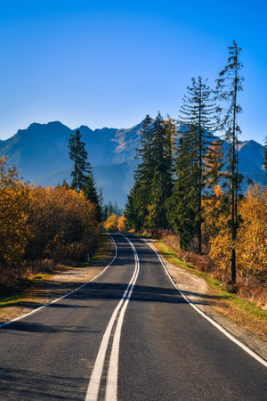 Beautiful mountain landscape in the morning. The most beautiful road in Poland with a view of the Tatra Mountains.の写真素材