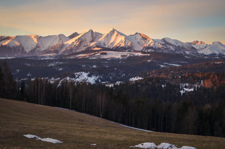 Beautiful morning mountain landscape. View of the Tatra Mountains from the Polish village of Lapszanka.の写真素材