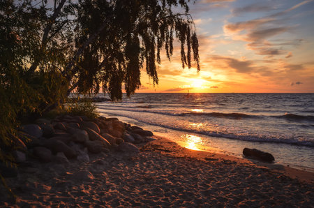 Beautiful summer seaside landscape. Sunrise over the sea in Gdynia, Poland.の写真素材