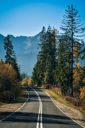 Beautiful mountain landscape in the morning. The most beautiful road in Poland with a view of the Tatra Mountains.の写真素材