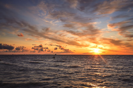 Beautiful summer seaside landscape. Sunrise over the sea in Gdynia, Poland.の写真素材