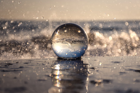 Abstract idea with water with an interesting effect. Glass ball on a blurred background on a seaside beach in Gdynia, Poland. Photo with a shallow depth of field.の写真素材