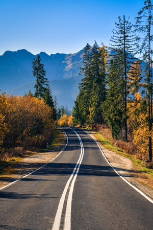 Beautiful mountain landscape in the morning. The most beautiful road in Poland with a view of the Tatra Mountains.の写真素材