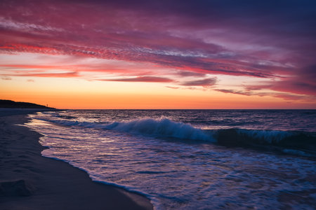 Beautiful colorful landscape on the beach by the sea. Sunrise over the Baltic Sea in Jastarnia, Poland.の写真素材