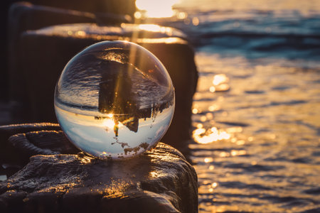Abstract idea with water with an interesting effect. Glass ball on a blurred background on a seaside beach in Gdynia, Poland. Photo with a shallow depth of field.の写真素材
