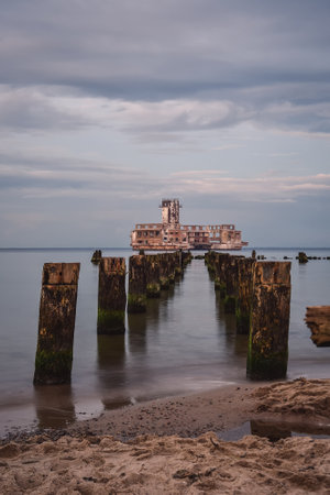 Gdynia, Poland - October 7, 2020: Ruins of an old torpedo house in Babie Doly, Poland.のeditorial素材