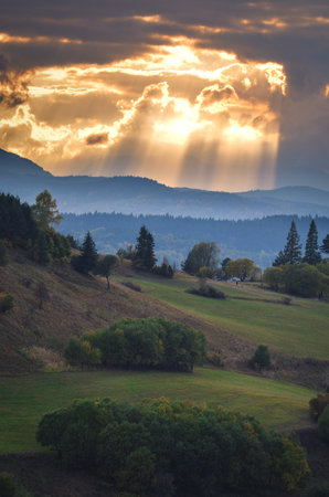 Spectacular sky with mountain landscape. Photo taken on the way to Wysoki Wierch, Slovakia.の写真素材