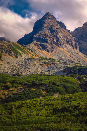 Beautiful summer holiday view on a mountain trail. Characteristic beautiful peak called Koscielec in Tatra National Park, Poland.の写真素材