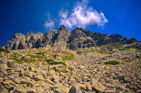 Beautiful summer mountain landscape in daytime scenery. View of a rocky mountain peak in the Tatra National Park, Poland.の写真素材