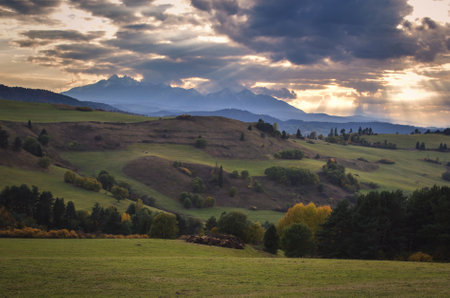 Spectacular sky with mountain landscape. Photo taken on the way to Wysoki Wierch, Slovakia.の写真素材