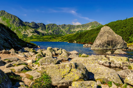Summer mountain landscape in the Polish mountains. Picturesque view stretches over lake, summits and big stone in the Five Pond Valley, Tatra mountains, Poland.の写真素材