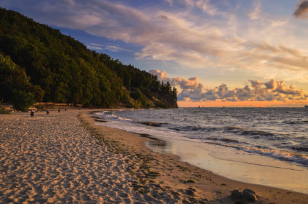 Beautiful morning landscape on the Baltic Sea in Poland. Sandy beach in Gdynia OrÅowo in the morning.の写真素材
