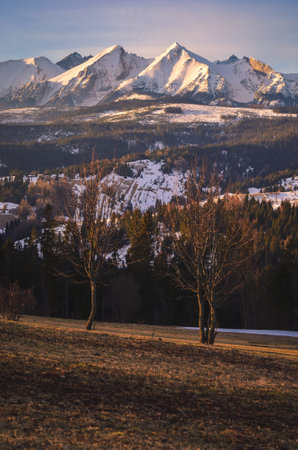 Charming panorama of the Polish Tatra Mountains in the morning. View of the Belianske Tatras from the village of Lapszanka, Poland.の写真素材
